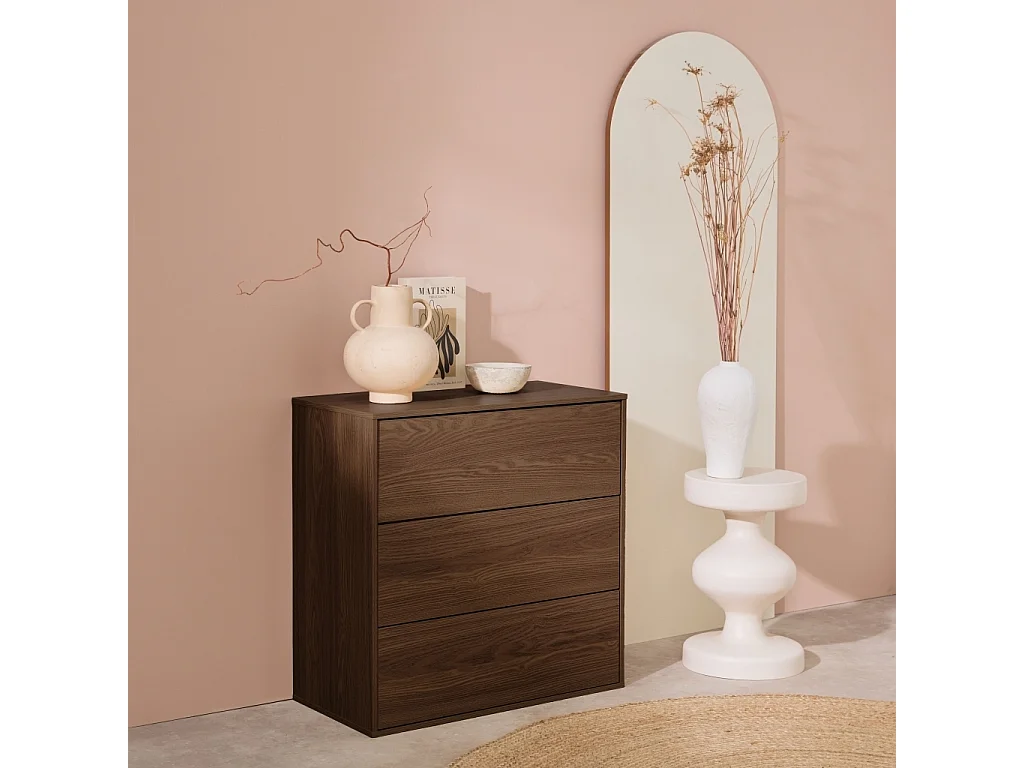 Cómoda efecto madera, 3 cajones, Nogal