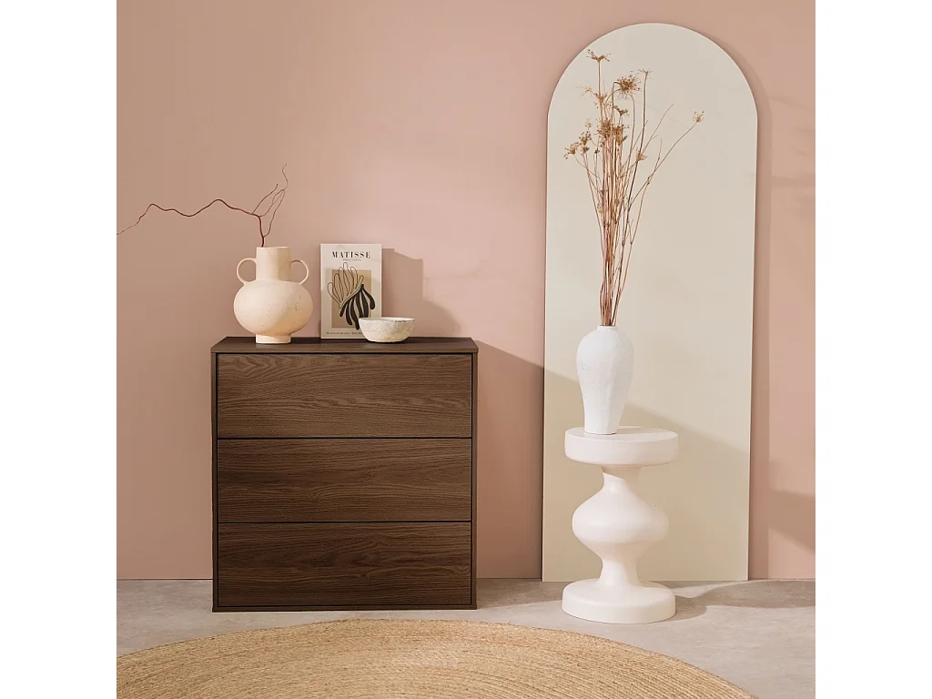 Cómoda efecto madera, 3 cajones, Nogal