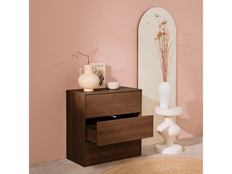 Commode. module de rangement décor bois noyer 3 tiroirs - Kompo