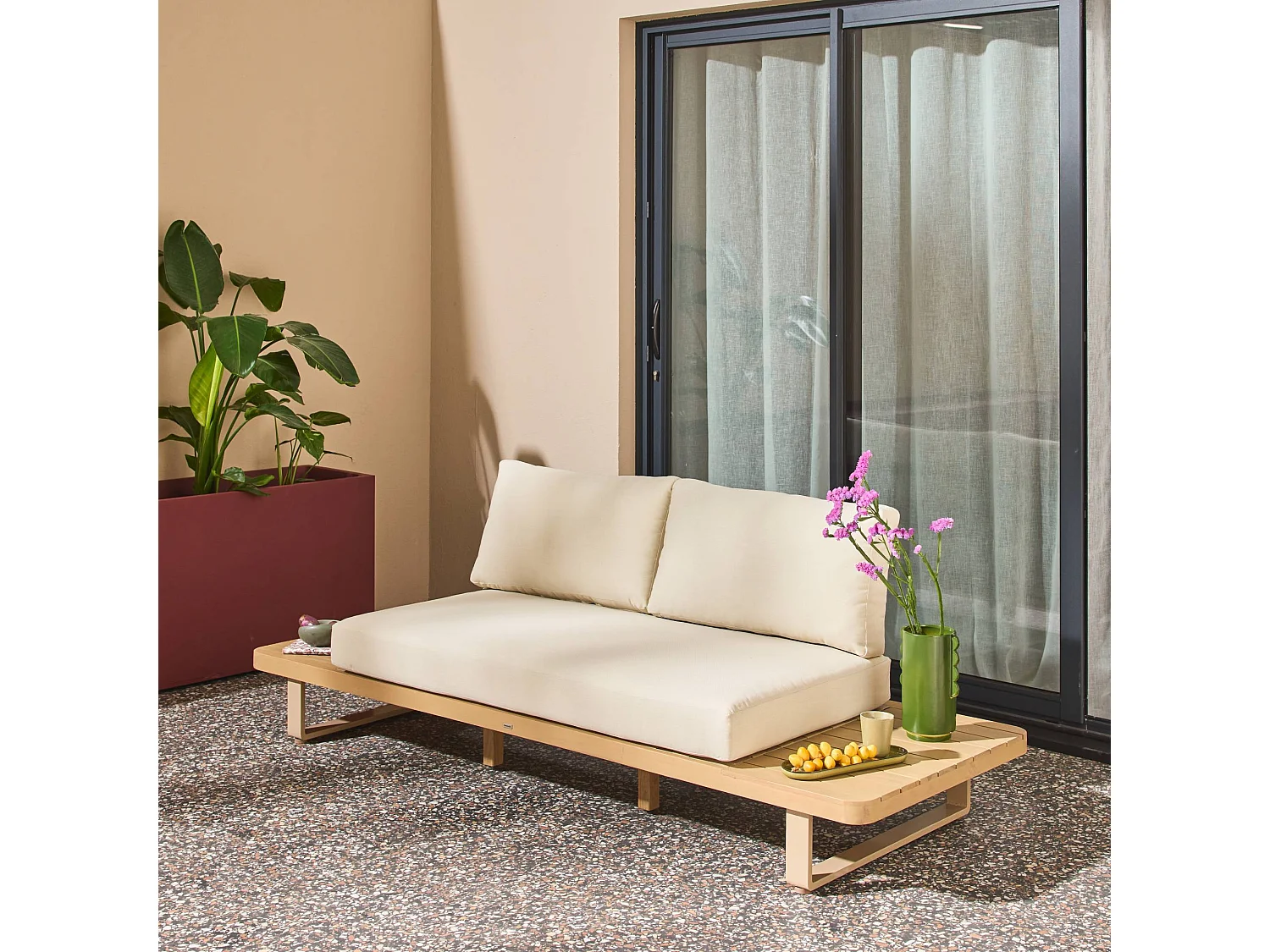 Banquette de jardin bois d'acacia et aluminium 2 places beige - Latika