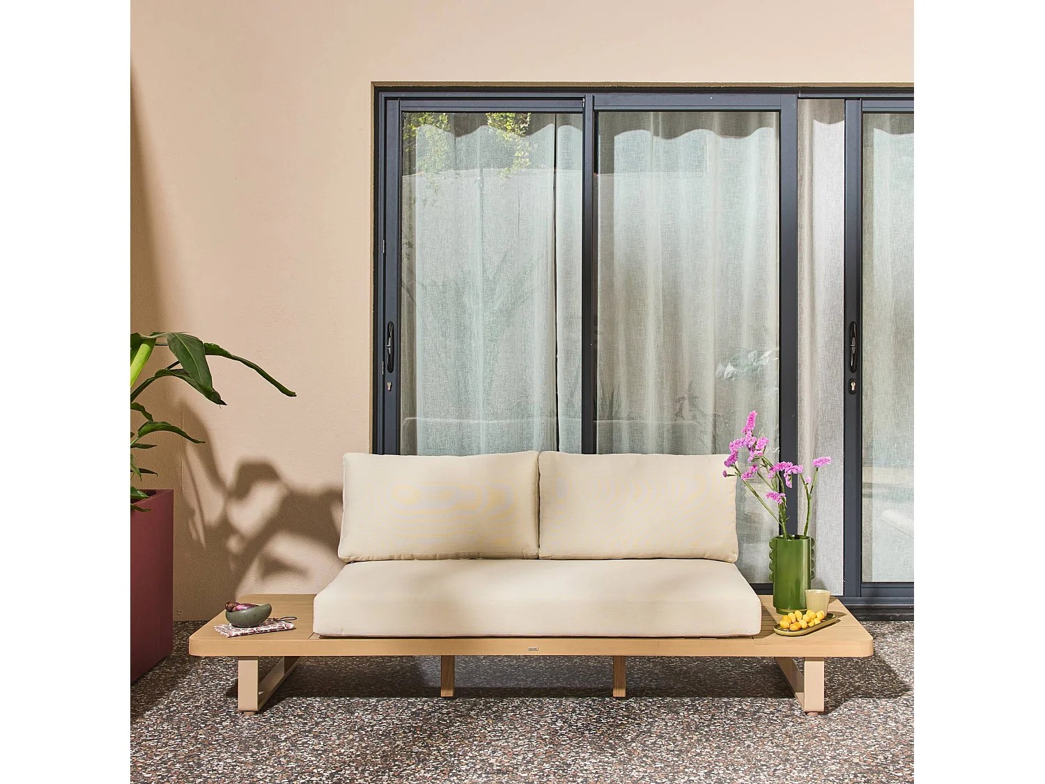 Banquette de jardin bois d'acacia et aluminium 2 places beige - Latika