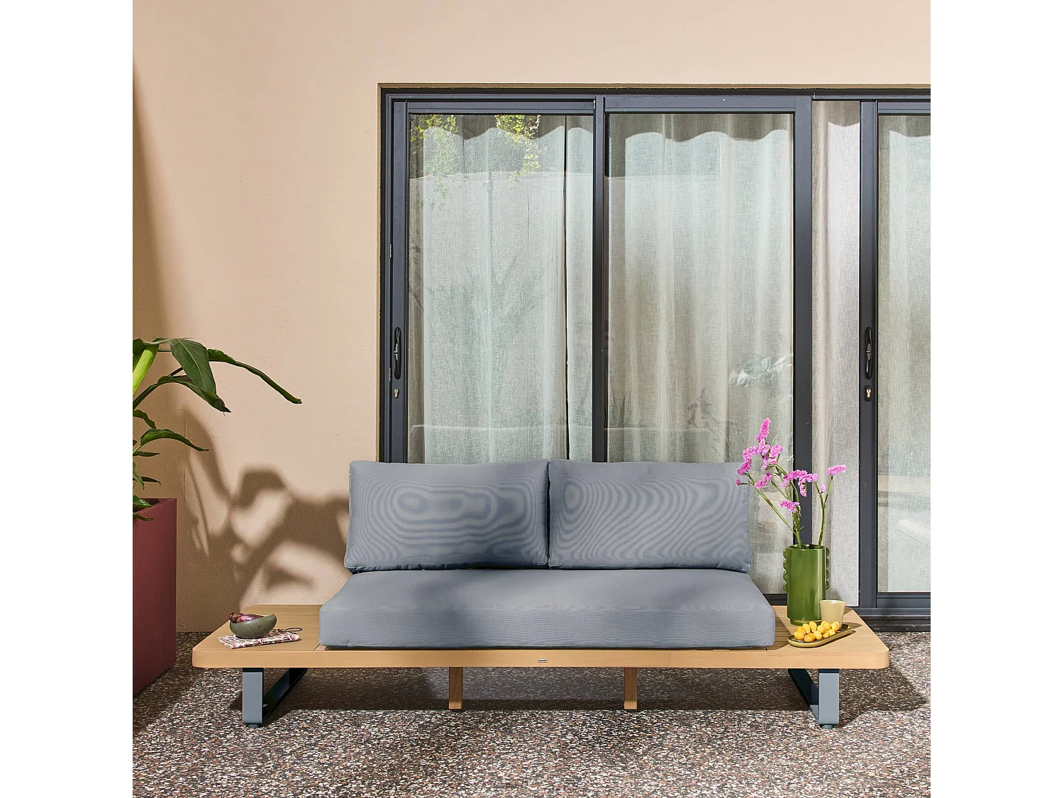 Panca da giardino in legno di acacia e alluminio, 2 posti, grigio
