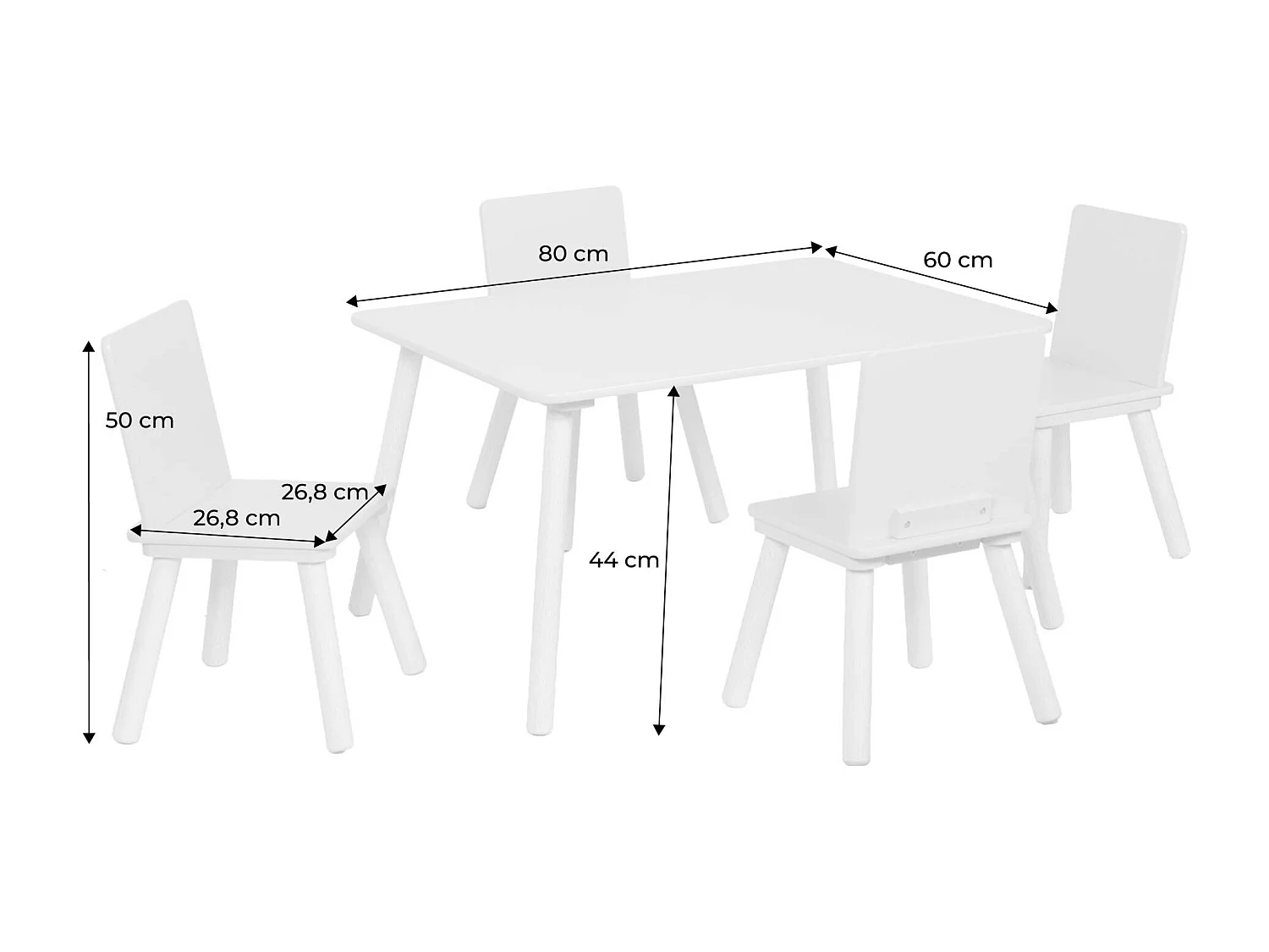 Set tavolo rettangolare per bambini in legno di pino con 4 sedie,