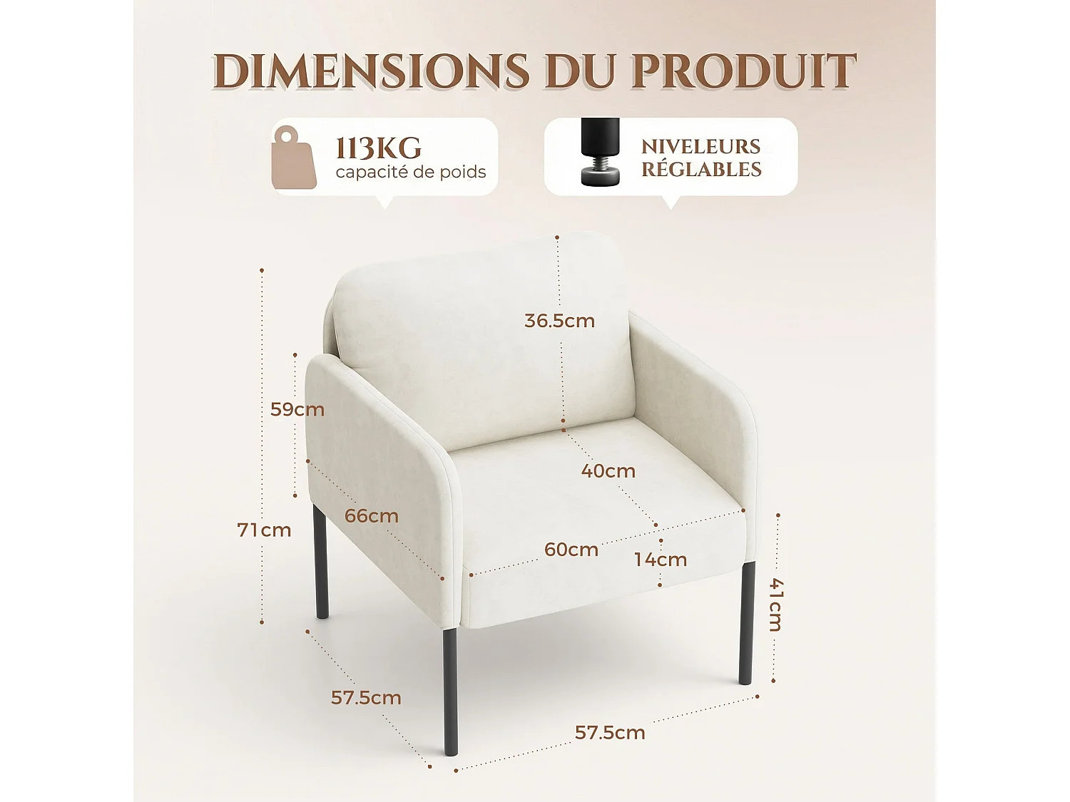 Fauteuil de salon haut dossier rembourré en velours blanc, pieds en métal, coussin extra large