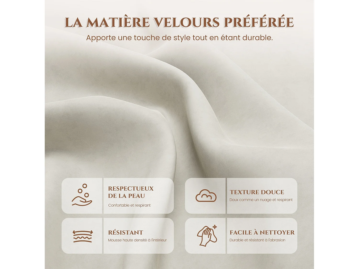 Fauteuil de salon haut dossier rembourré en velours blanc, pieds en métal, coussin extra large