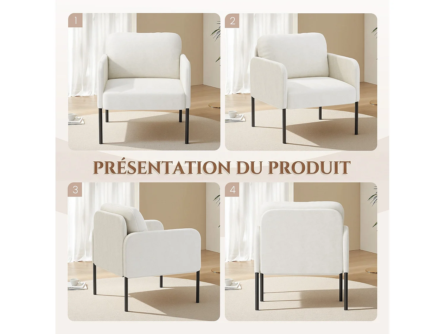 Fauteuil de salon haut dossier rembourré en velours blanc, pieds en métal, coussin extra large