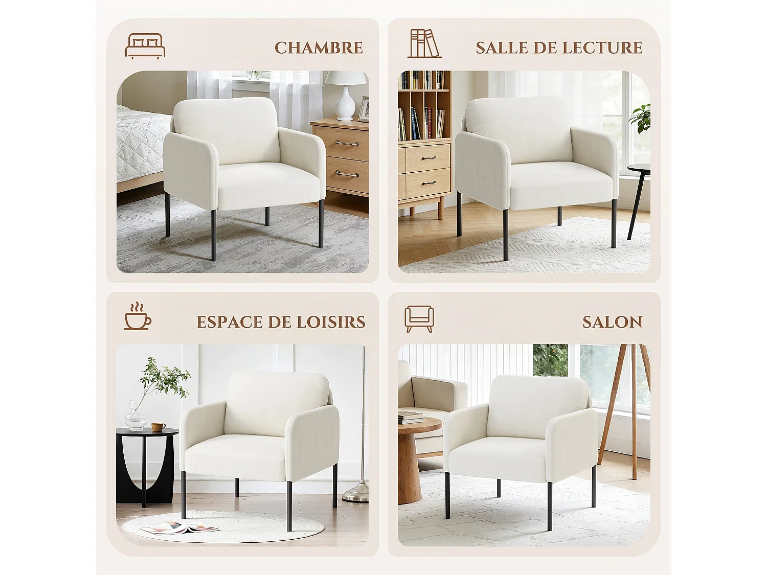 Fauteuil de salon haut dossier rembourré en velours blanc, pieds en métal, coussin extra large