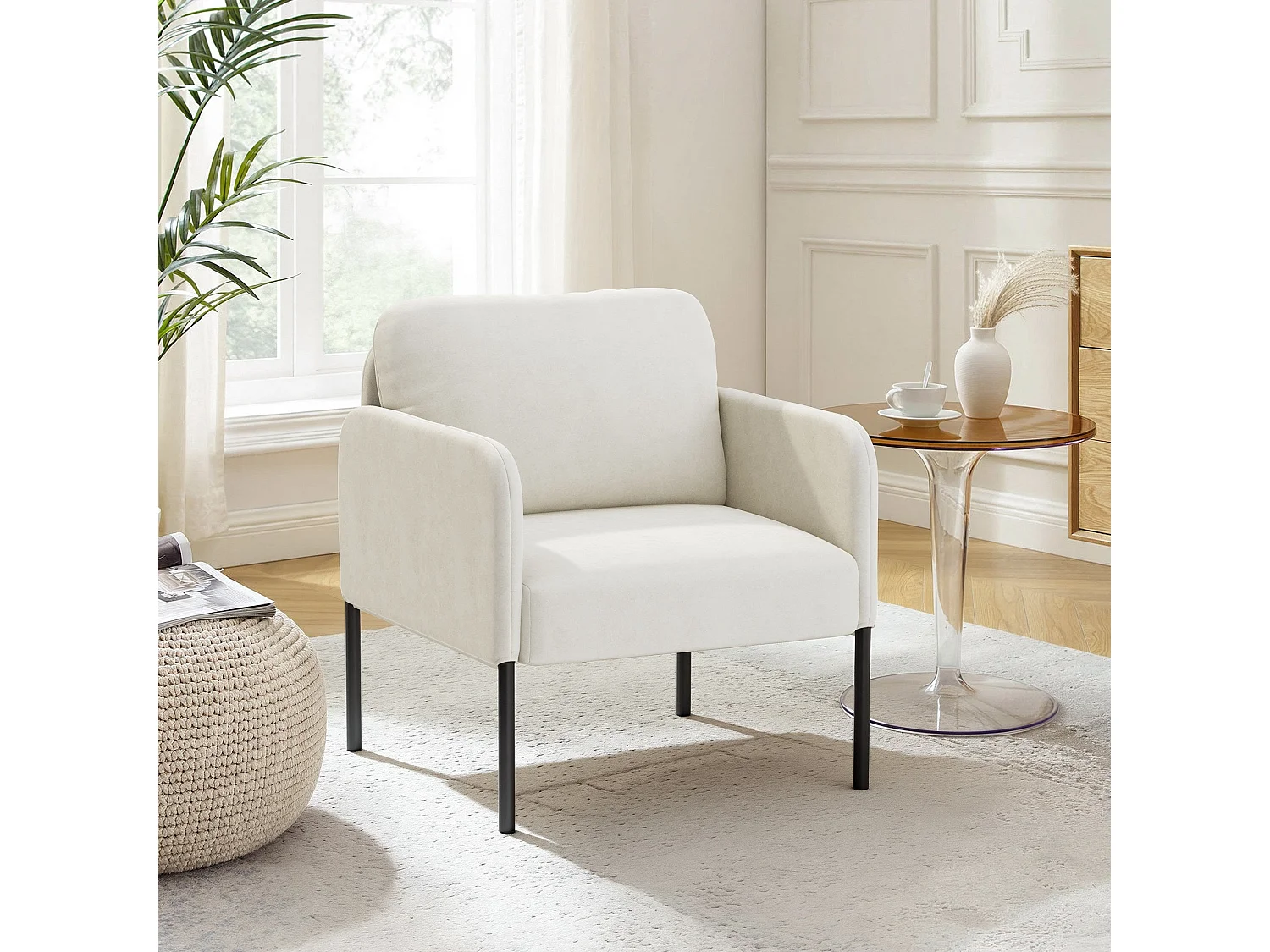 Fauteuil de salon haut dossier rembourré en velours blanc, pieds en métal, coussin extra large