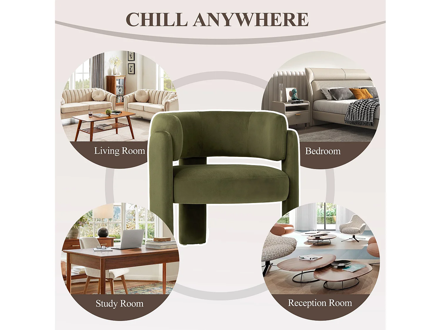 Fauteuil baril moderne en bois solide, mousse haute densité, tissu hypoallergénique – Vert