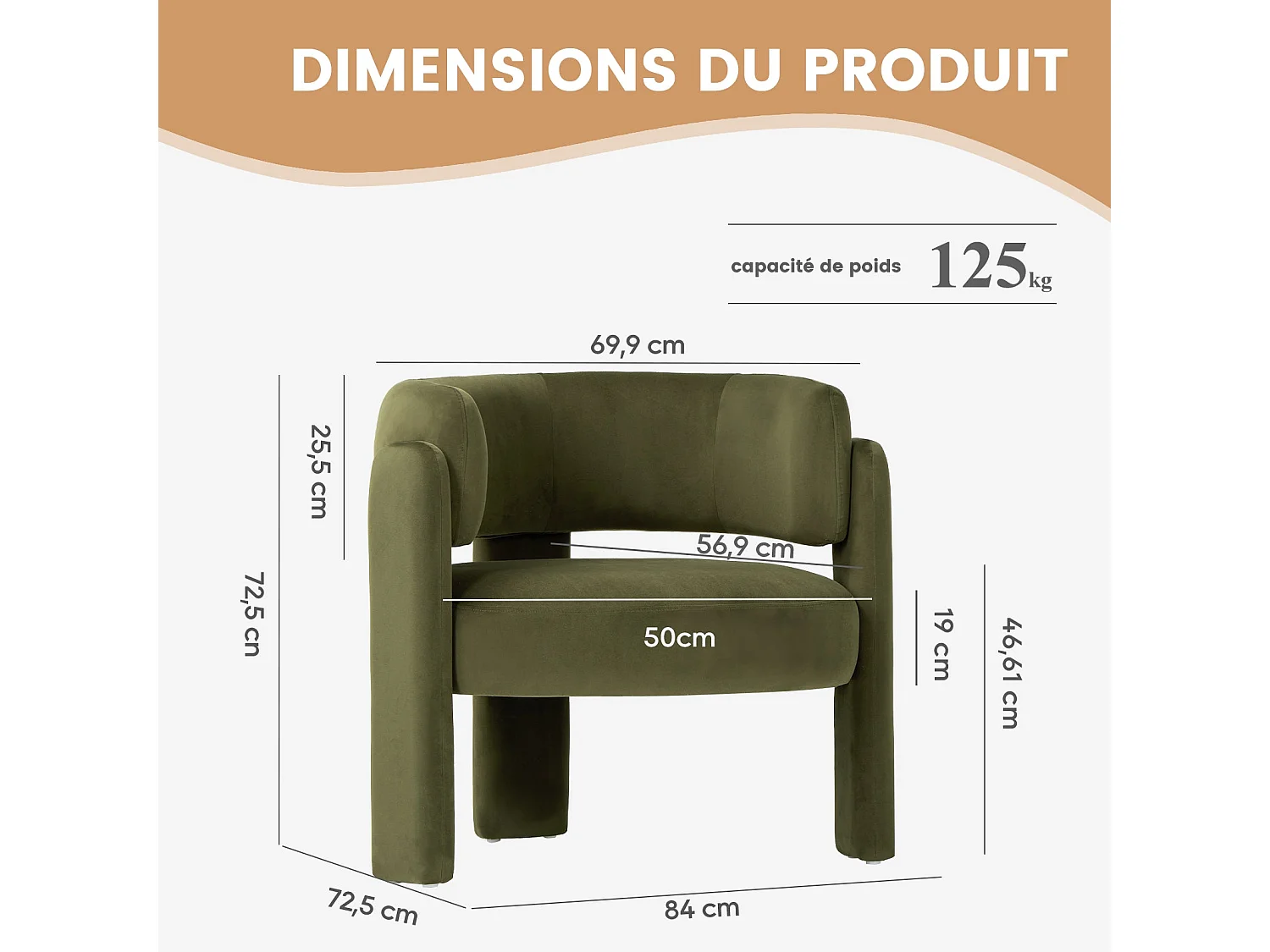 Fauteuil baril moderne en bois solide, mousse haute densité, tissu hypoallergénique – Vert