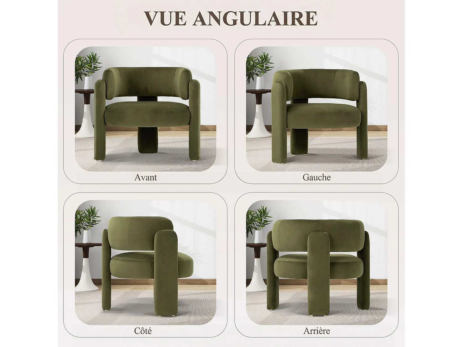 Fauteuil baril moderne en bois solide, mousse haute densité, tissu hypoallergénique – Vert