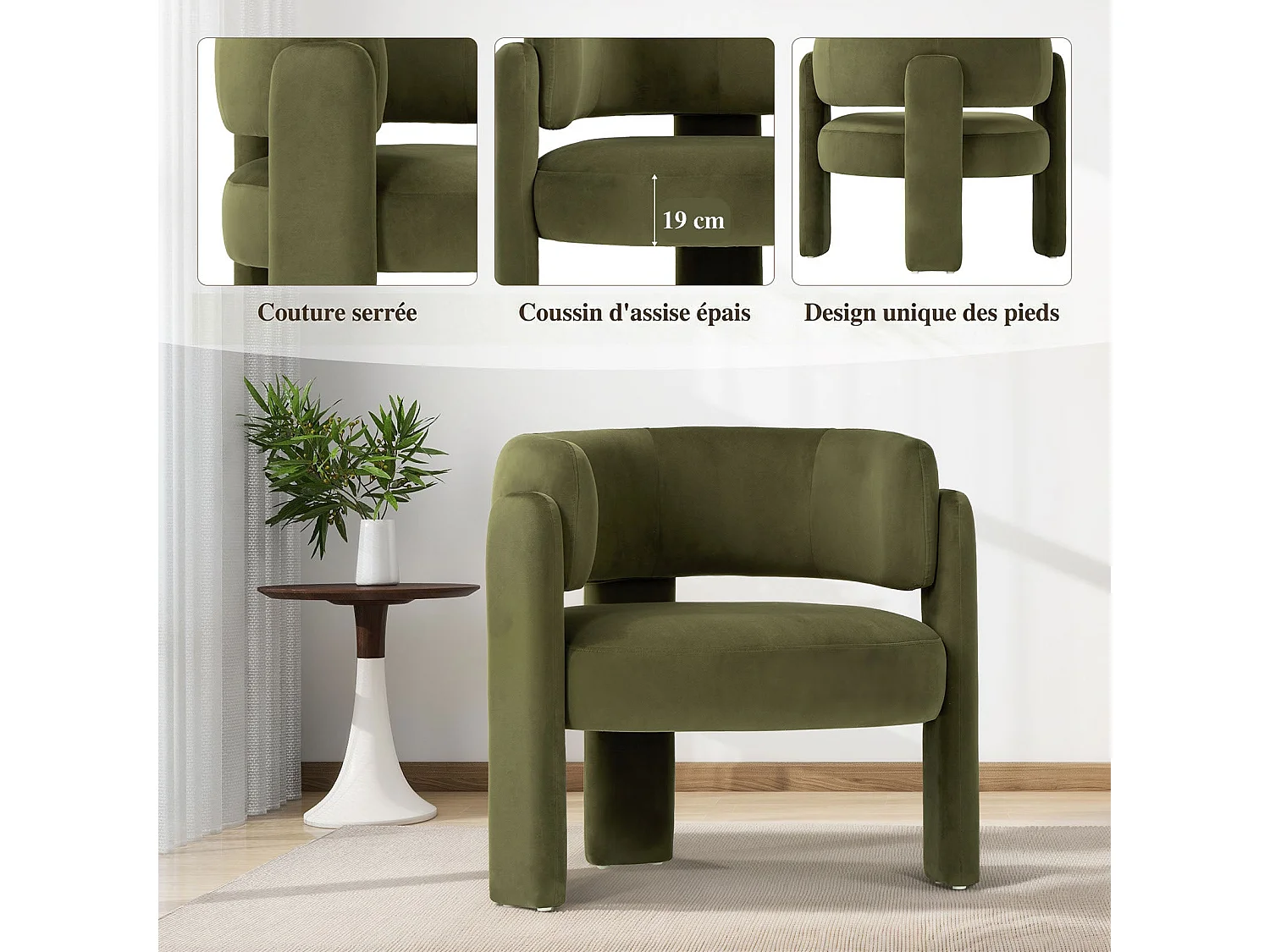 Fauteuil baril moderne en bois solide, mousse haute densité, tissu hypoallergénique – Vert