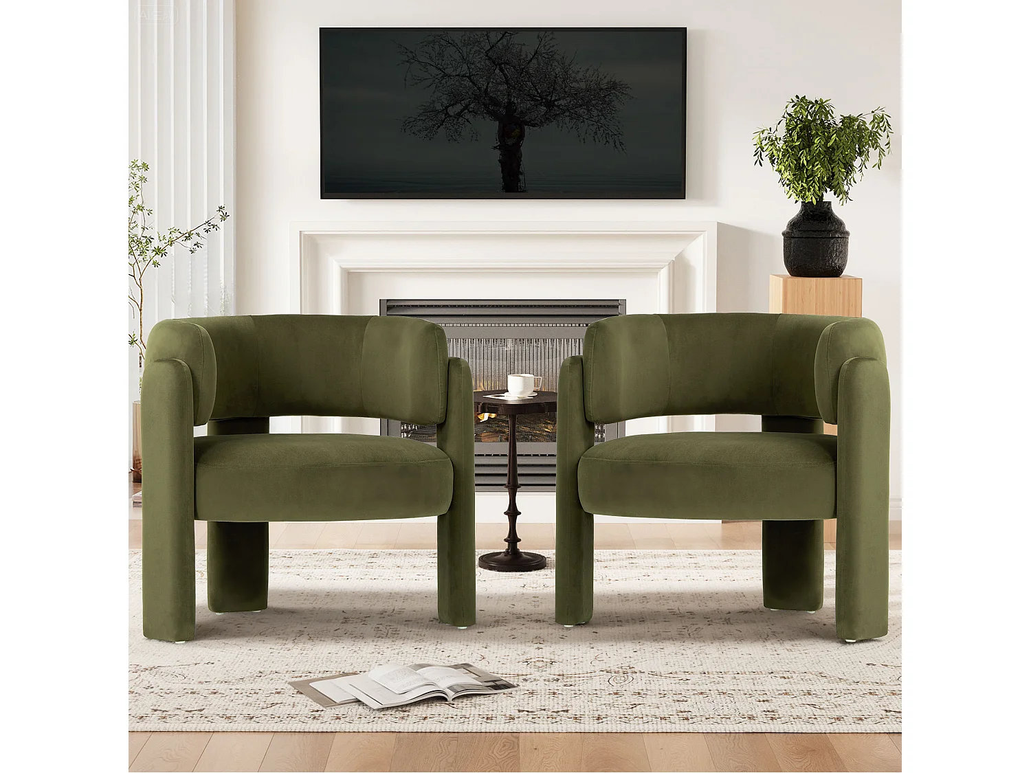 Fauteuil baril moderne en bois solide, mousse haute densité, tissu hypoallergénique – Vert