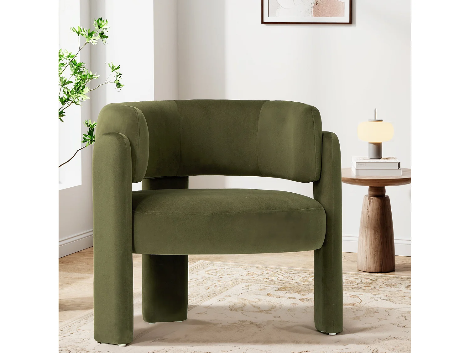 Fauteuil baril moderne en bois solide, mousse haute densité, tissu hypoallergénique – Vert