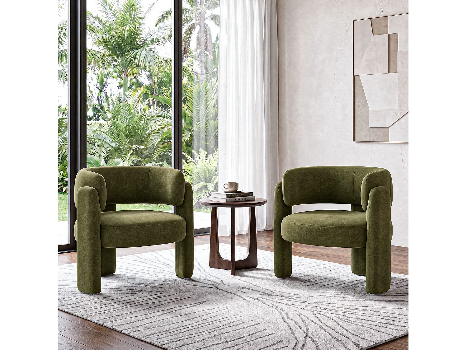 Modern barrel chair in solid wood, high-density foam, hypoallergenic fabric – Green