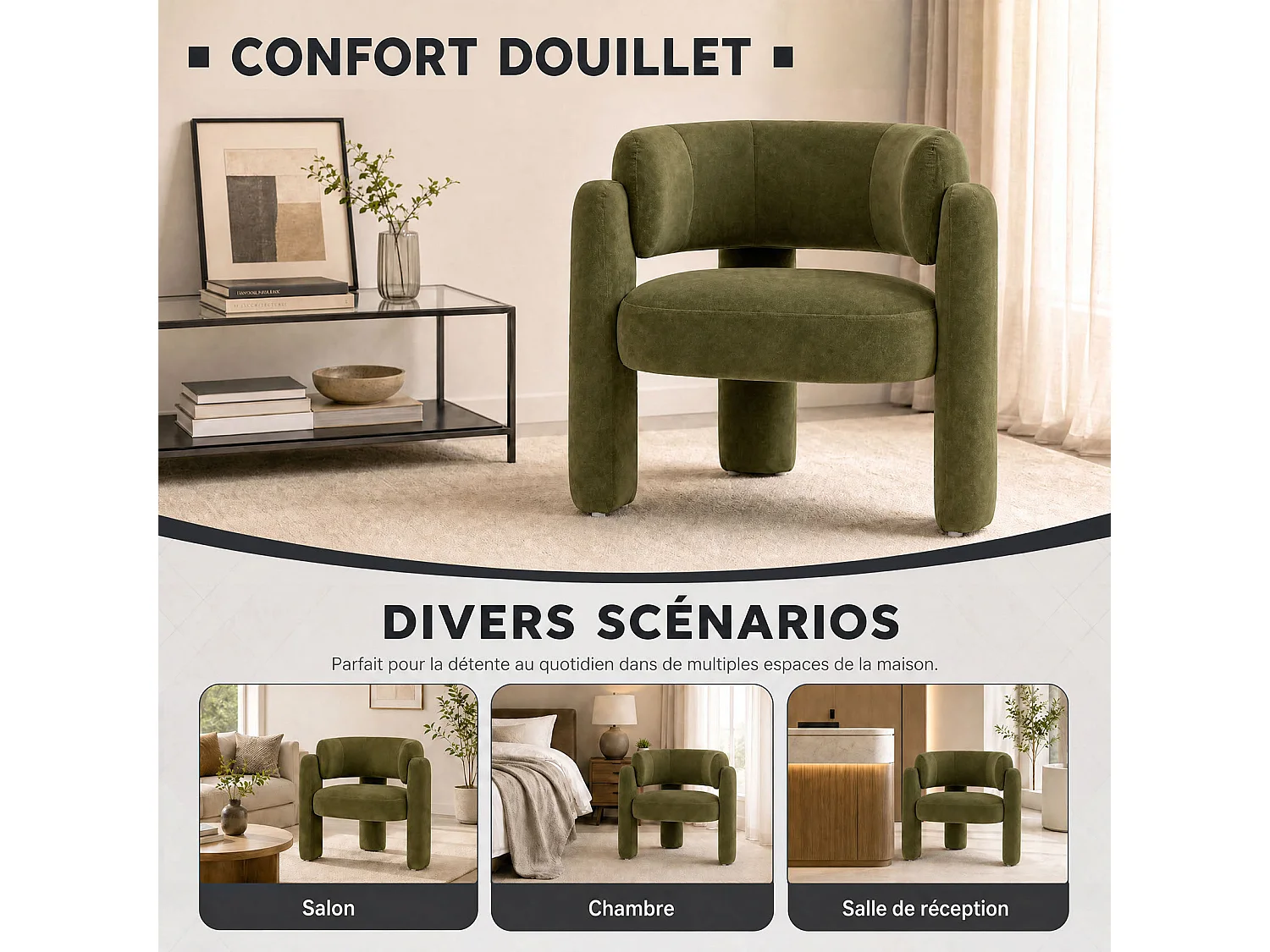 Modern barrel chair in solid wood, high-density foam, hypoallergenic fabric – Green