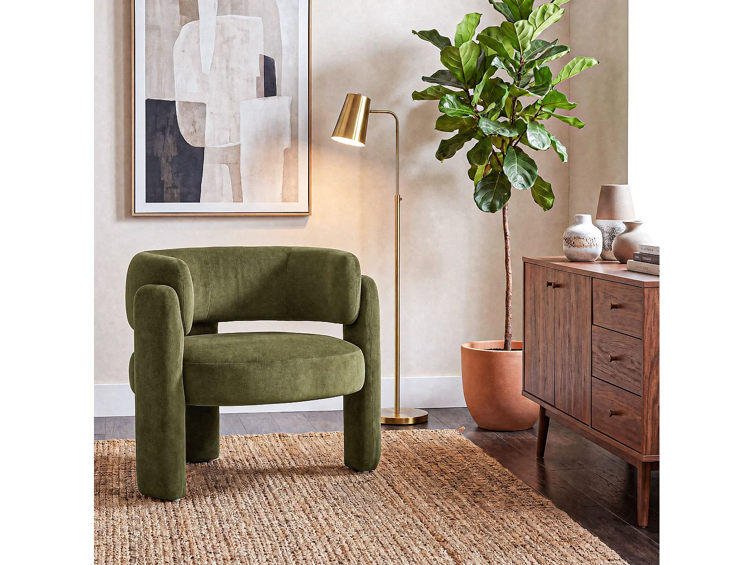 Modern barrel chair in solid wood, high-density foam, hypoallergenic fabric – Green
