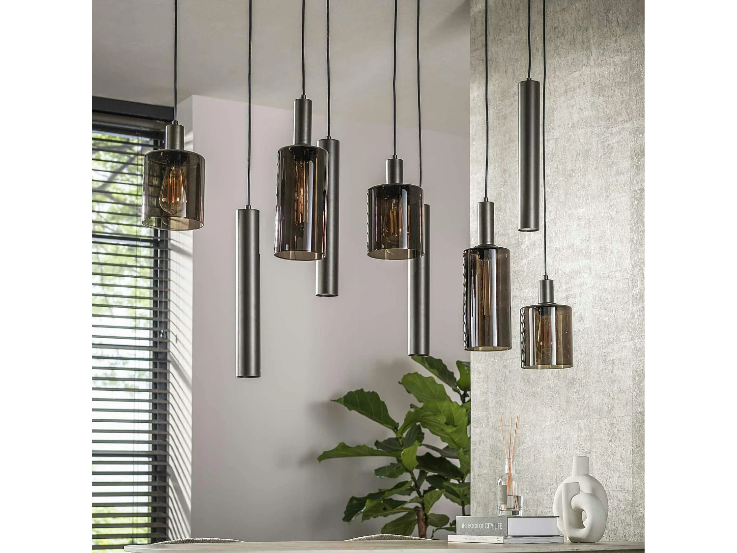 Suspension îlot cuisine verre brun et métal 9 lampes NOVA