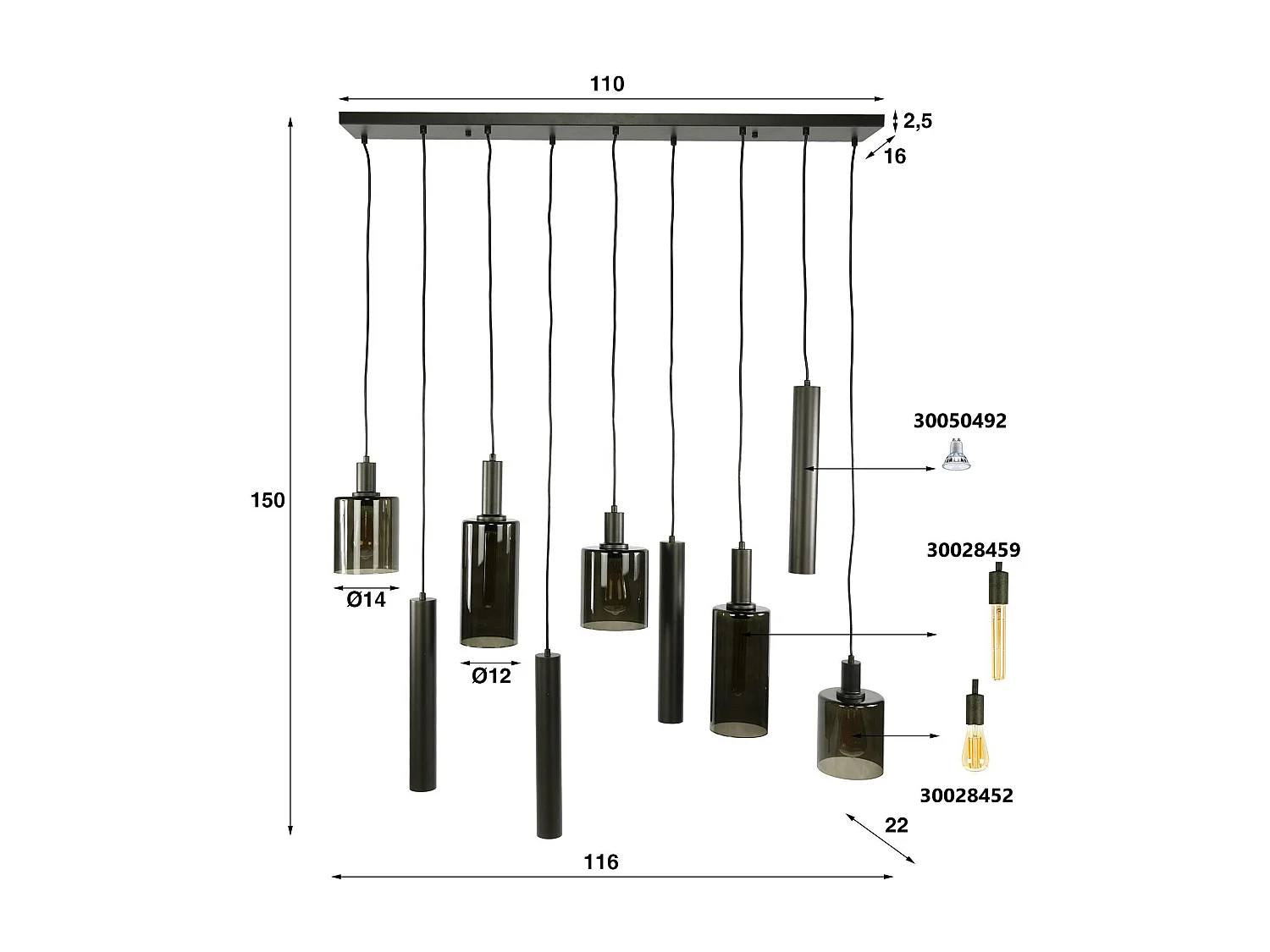 Suspension îlot cuisine verre brun et métal 9 lampes NOVA