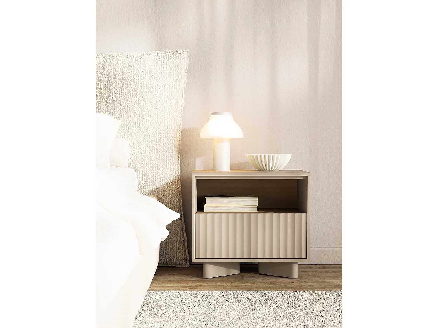 Nachttisch mit Schublade und geriffelter Front Kaschmirgrau / Eichenholzoptik – 50 cm – DISTRIA