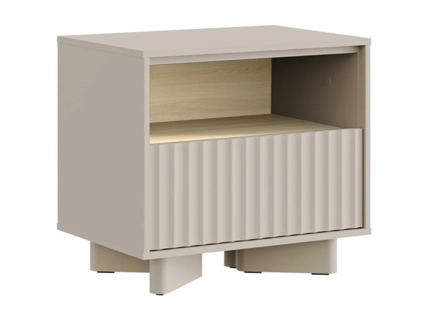Nachttisch mit Schublade und geriffelter Front Kaschmirgrau / Eichenholzoptik – 50 cm – DISTRIA