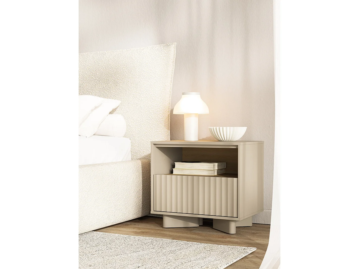 Table de chevet avec tiroir et façade rainurée – 50 cm – gris cachemire aspect chêne – DISTRIA