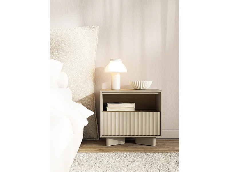 Nachttisch mit Schublade und geriffelter Front Kaschmirgrau / Eichenholzoptik – 50 cm – DISTRIA