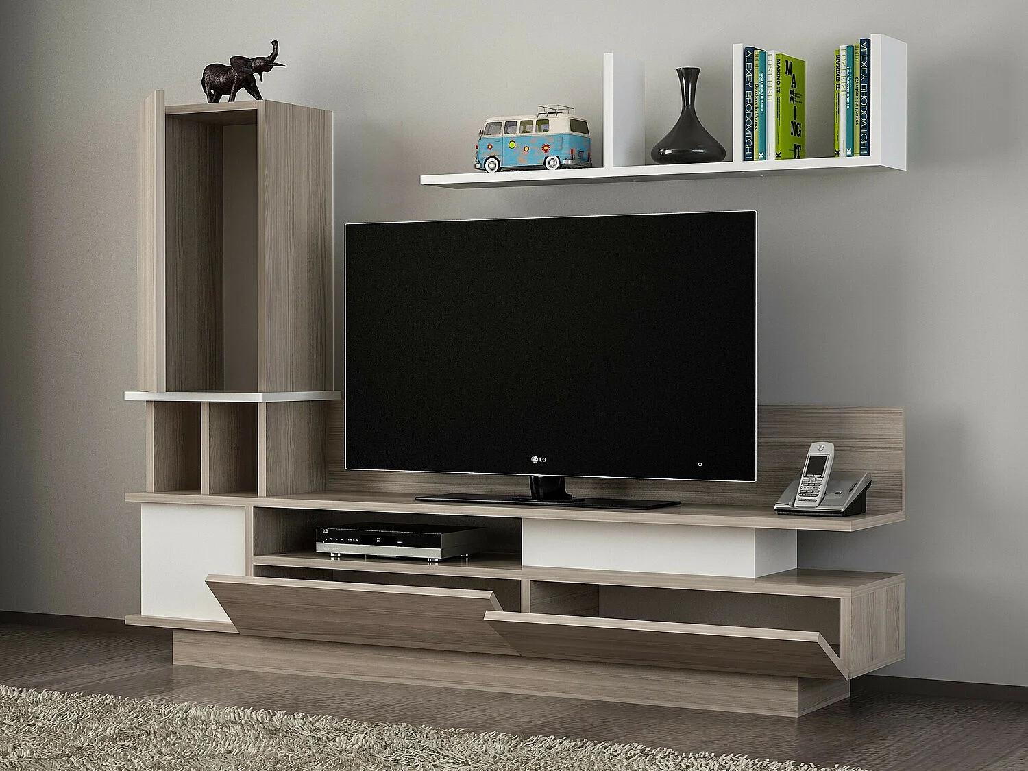 Meuble TV scandinave – 149 x 171,1 x 31,5 cm – Blanc et Cordoue – Mélamine