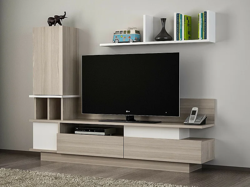 Meuble TV scandinave – 149 x 171,1 x 31,5 cm – Blanc et Cordoue – Mélamine