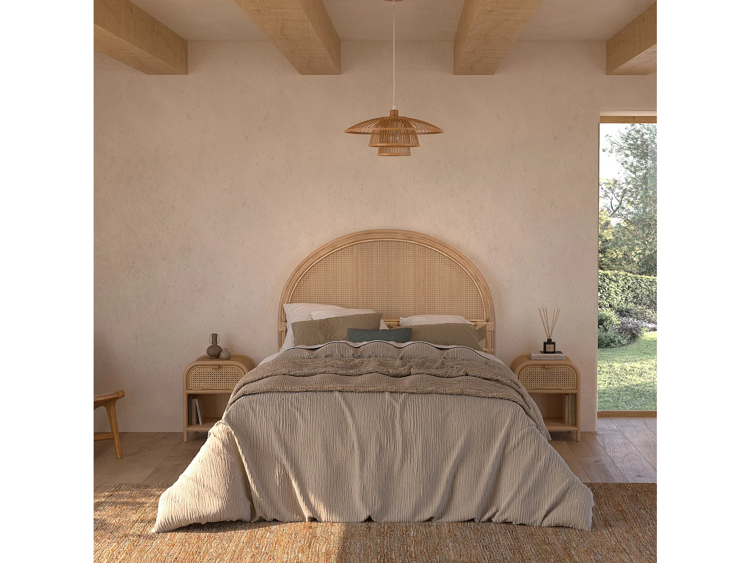 Testiera del letto 140 cm in rattan e canneggiato - Néora