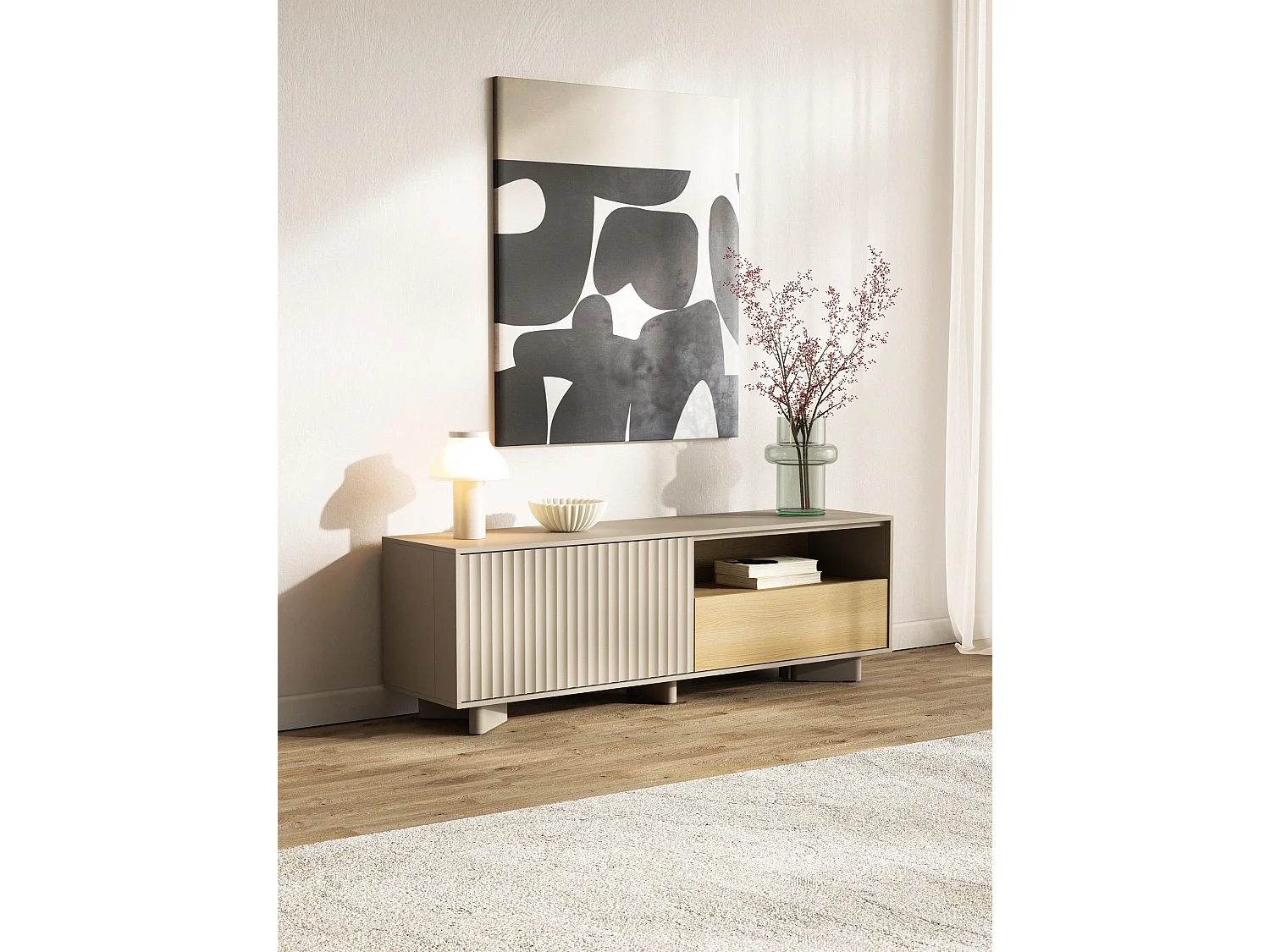 Meuble TV avec tiroir et façade rainurée – 140 cm – gris cachemire / aspect chêne – DISTRIA