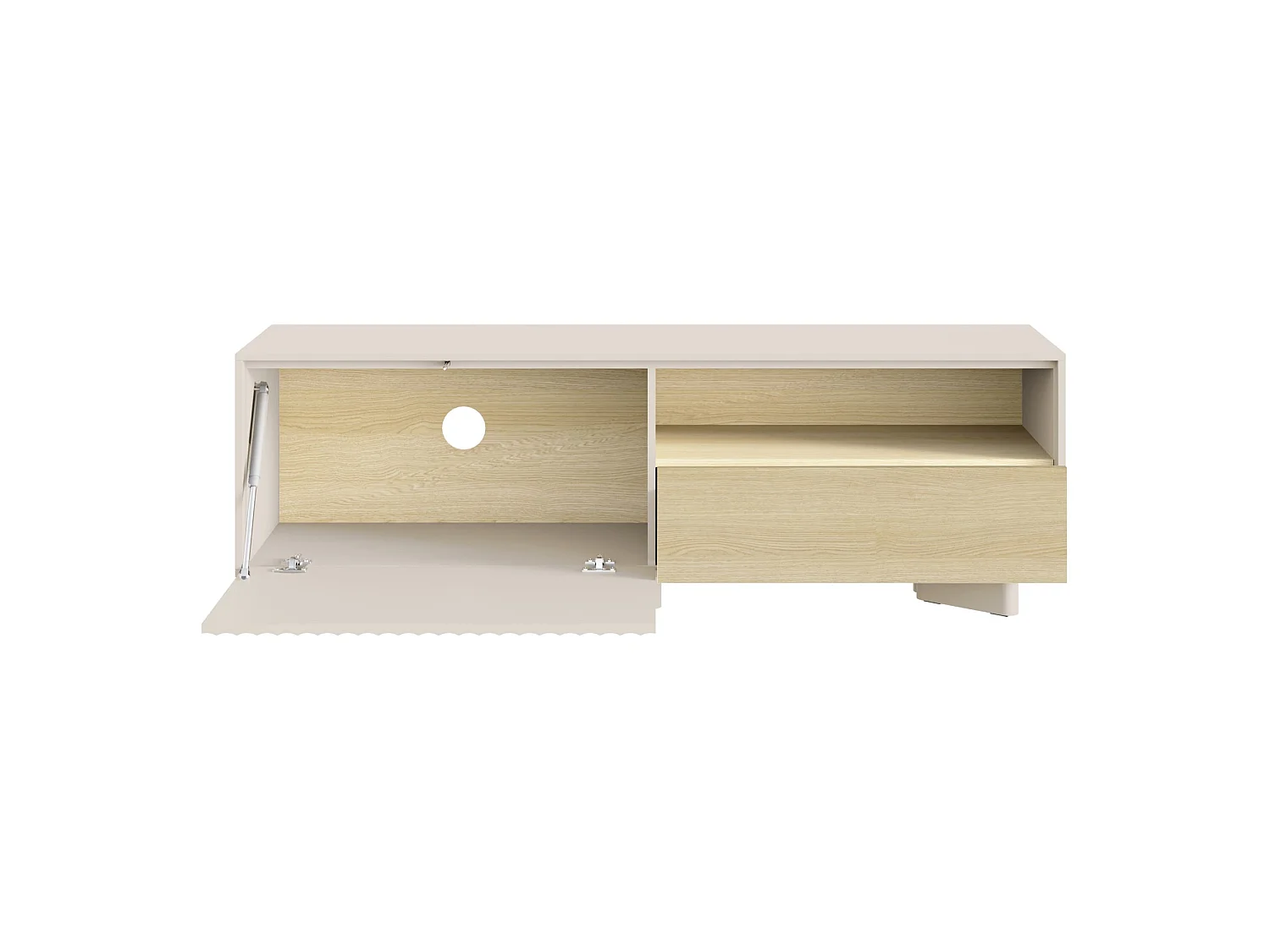 Meuble TV avec tiroir et façade rainurée – 140 cm – gris cachemire / aspect chêne – DISTRIA