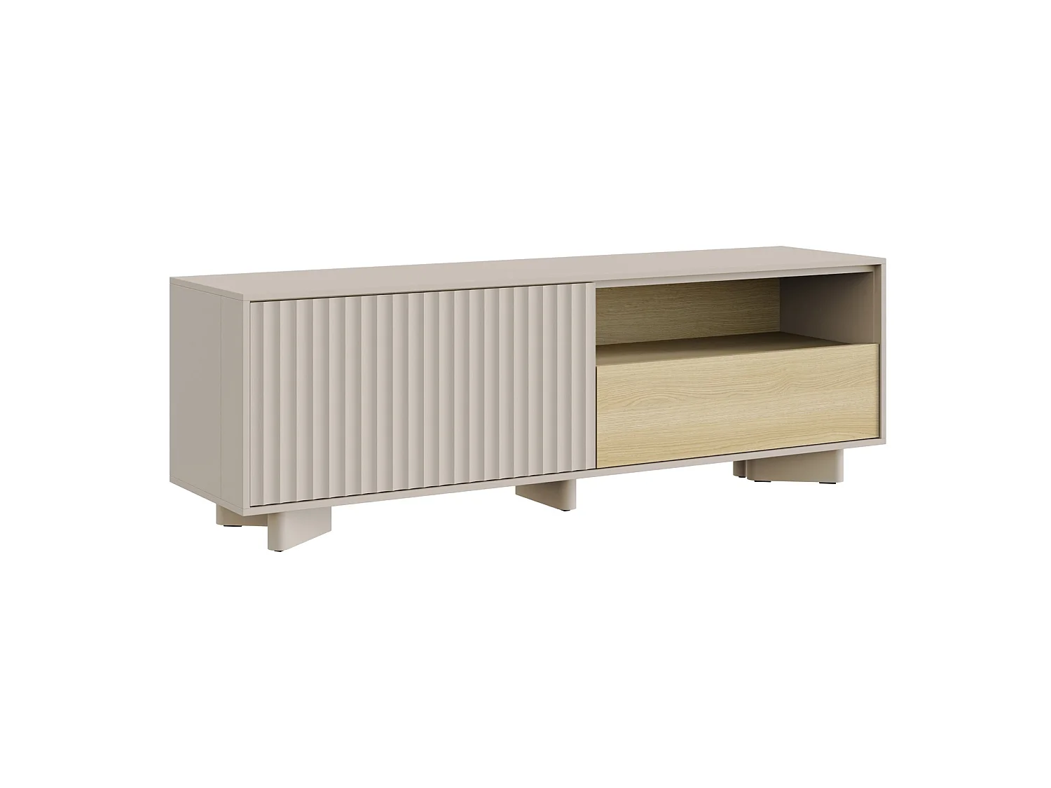 Meuble TV avec tiroir et façade rainurée – 140 cm – gris cachemire / aspect chêne – DISTRIA