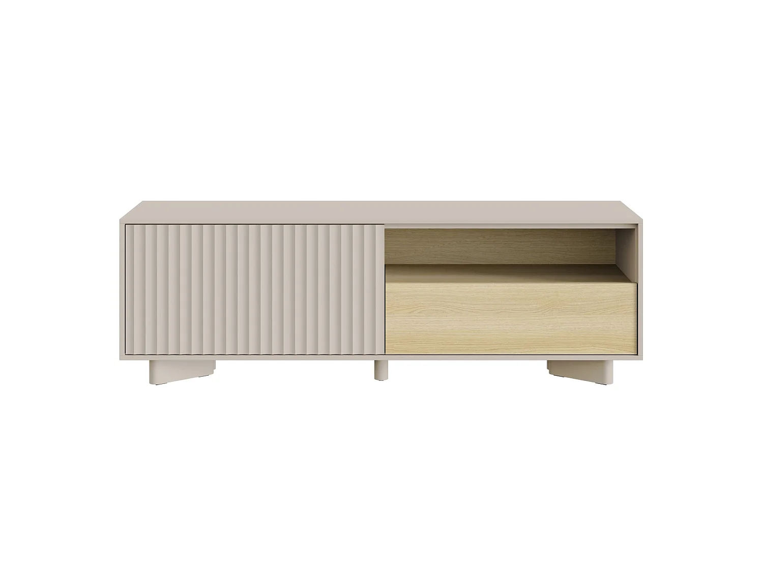Meuble TV avec tiroir et façade rainurée – 140 cm – gris cachemire / aspect chêne – DISTRIA