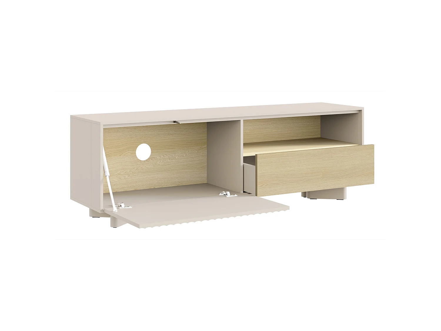 Meuble TV avec tiroir et façade rainurée – 140 cm – gris cachemire / aspect chêne – DISTRIA