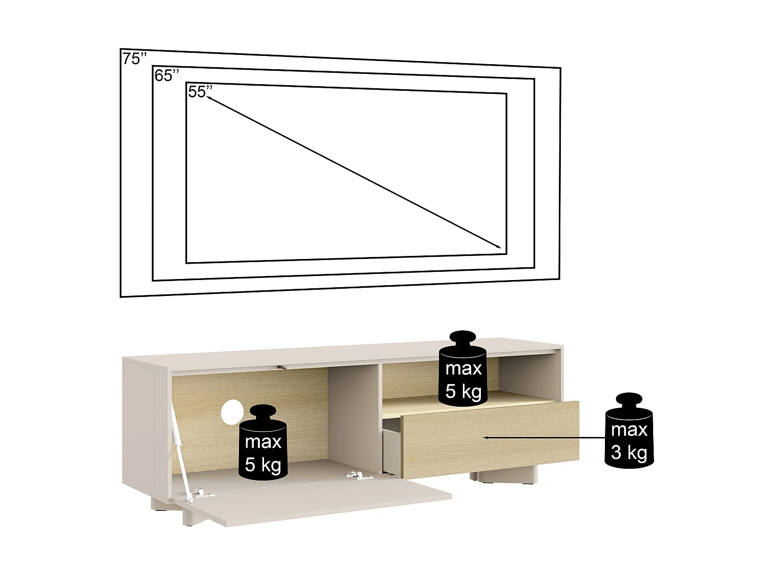 Meuble TV avec tiroir et façade rainurée – 140 cm – gris cachemire / aspect chêne – DISTRIA