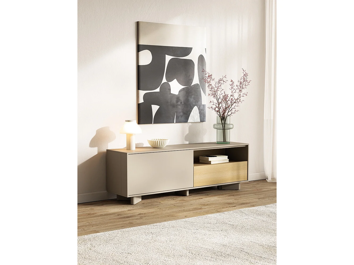 TV-Lowboard mit Schublade Kaschmirgrau / Eichenholzoptik – 140 cm – DISTRIA