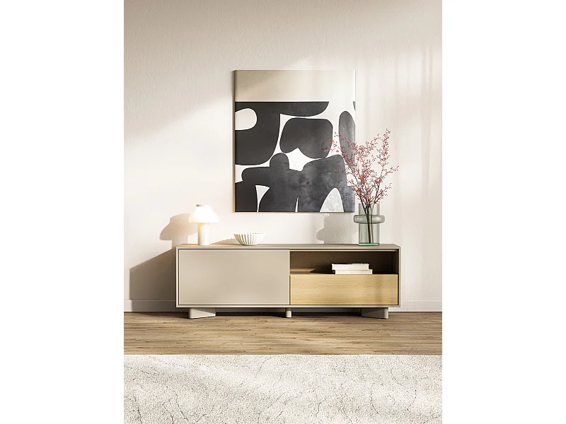 TV-Lowboard mit Schublade Kaschmirgrau / Eichenholzoptik – 140 cm – DISTRIA