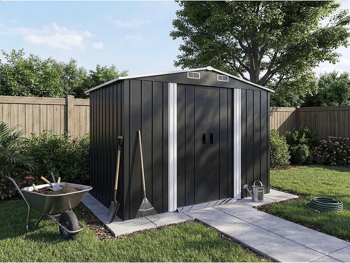 Cobertizo de jardín metálico gris Boston 5,29 m² con puerta corredera y ventilación