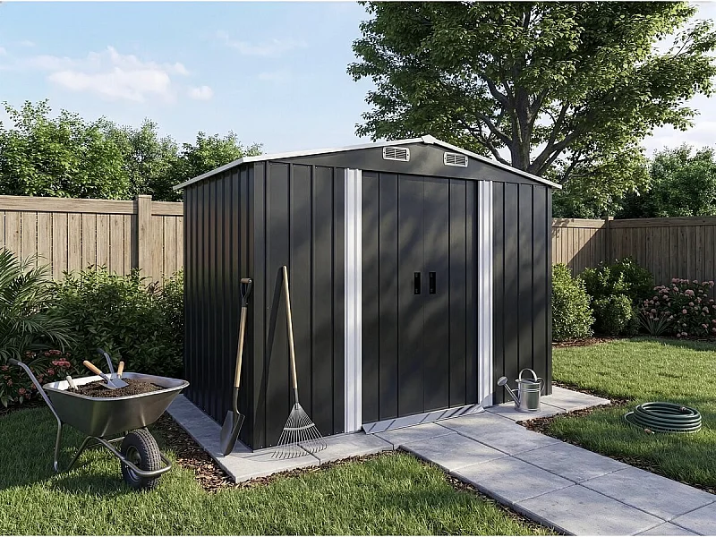 Cobertizo de jardín metálico gris Boston 5,29 m² con puerta corredera y ventilación