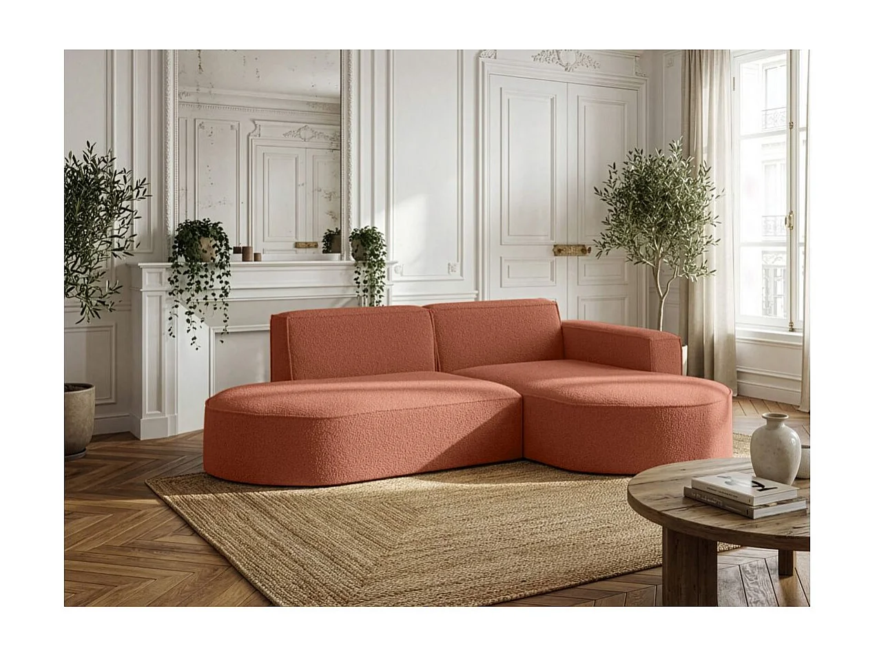 Canapé d'angle droit 4 places MARLA en tissu bouclette - Terracotta