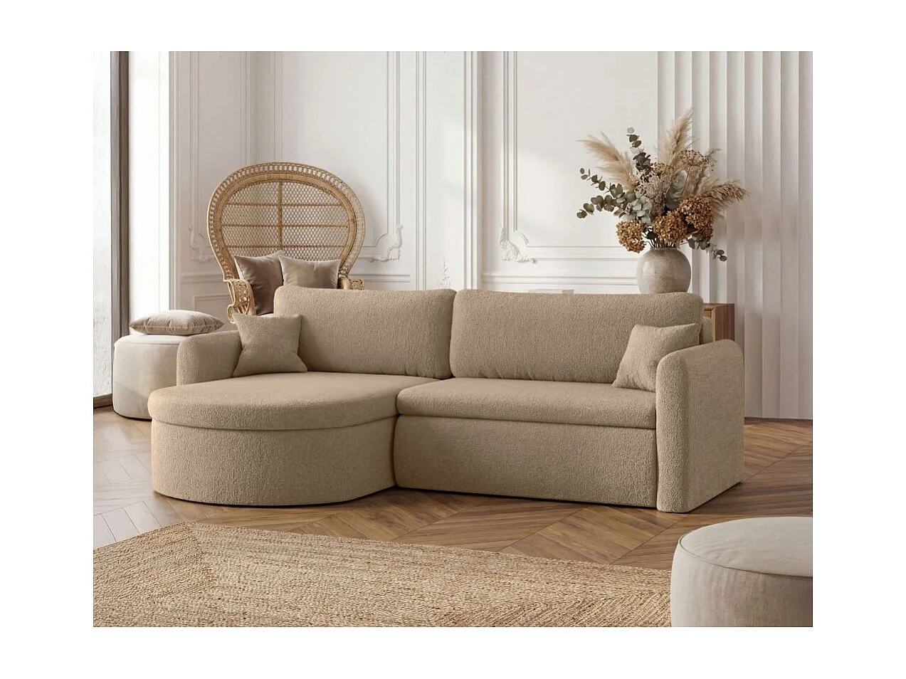 Canapé d'angle reversible convertible 4 places VERA en tissu bouclette - Taupe