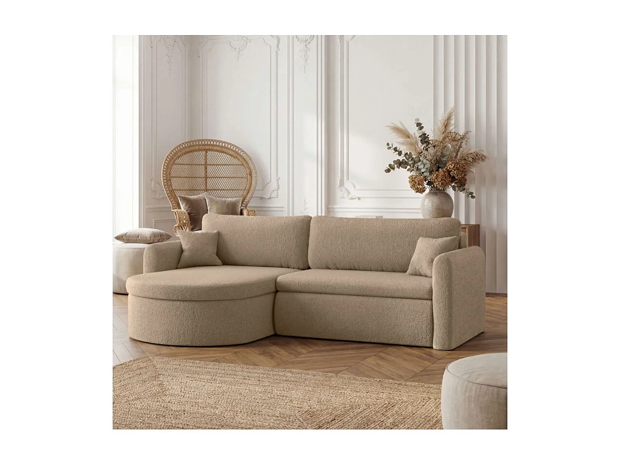 Canapé d'angle reversible convertible 4 places VERA en tissu bouclette - Taupe