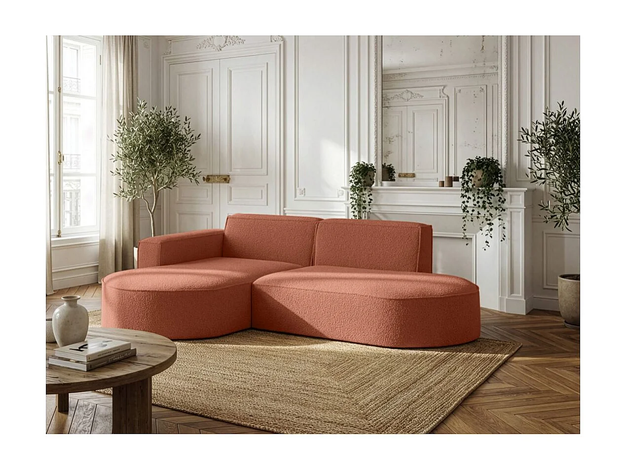 Canapé d'angle gauche 4 places MARLA en tissu bouclette - Terracotta