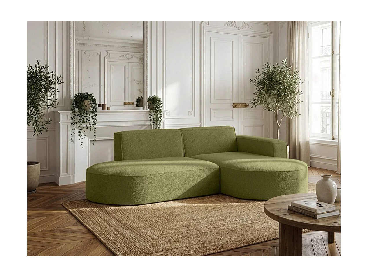 Canapé d'angle droit 4 places MARLA en tissu bouclette - Vert kaki