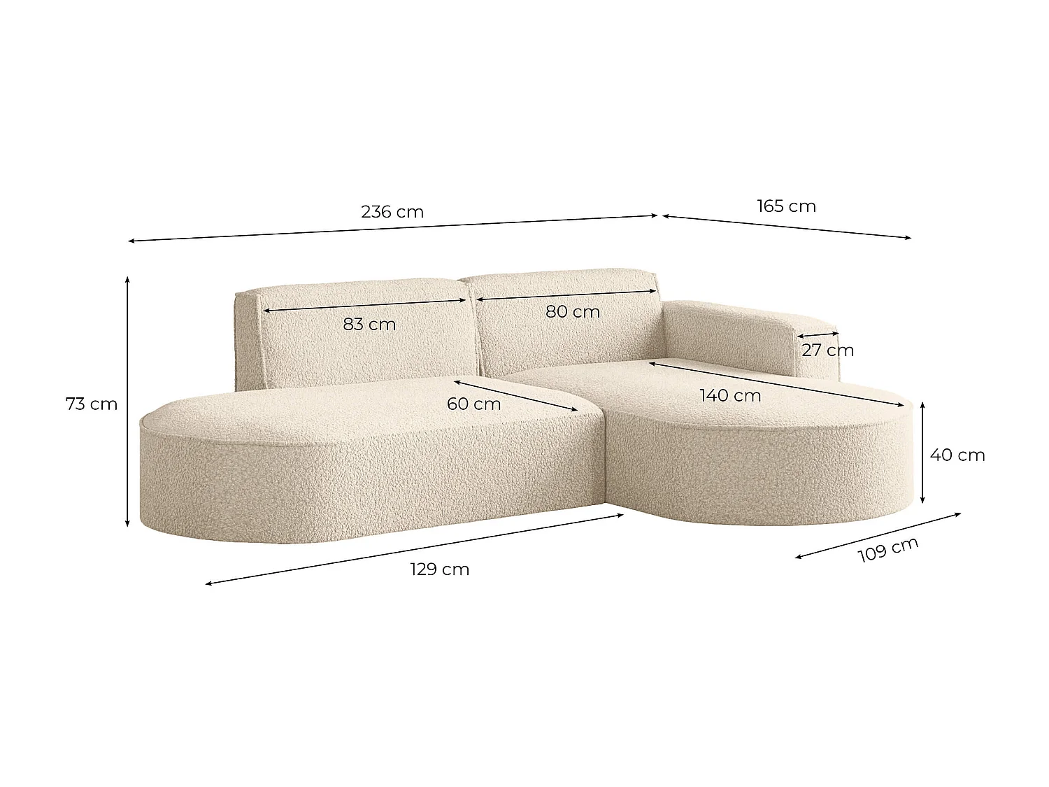 Canapé d'angle droit 4 places MARLA en tissu bouclette - Vert kaki