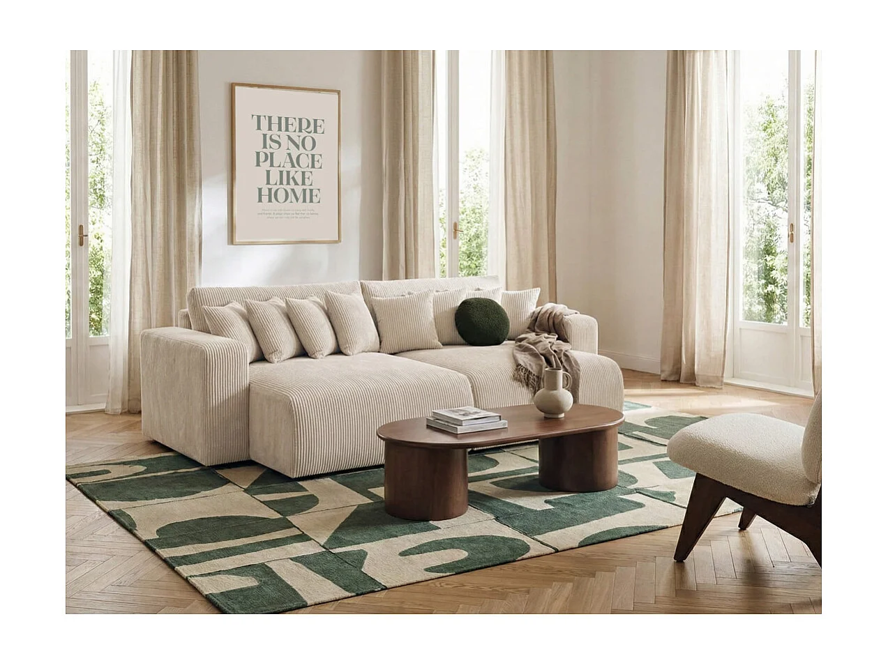 Canapé droit 4 places JADE double méridienne et assise profonde en velours côtelé - Beige