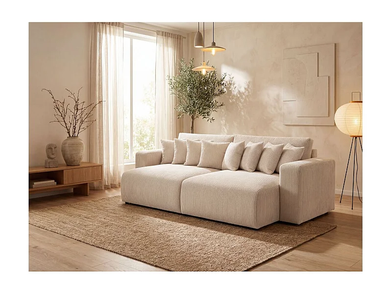 Canapé droit 4 places JADE double méridienne et assise profonde en velours côtelé - Beige