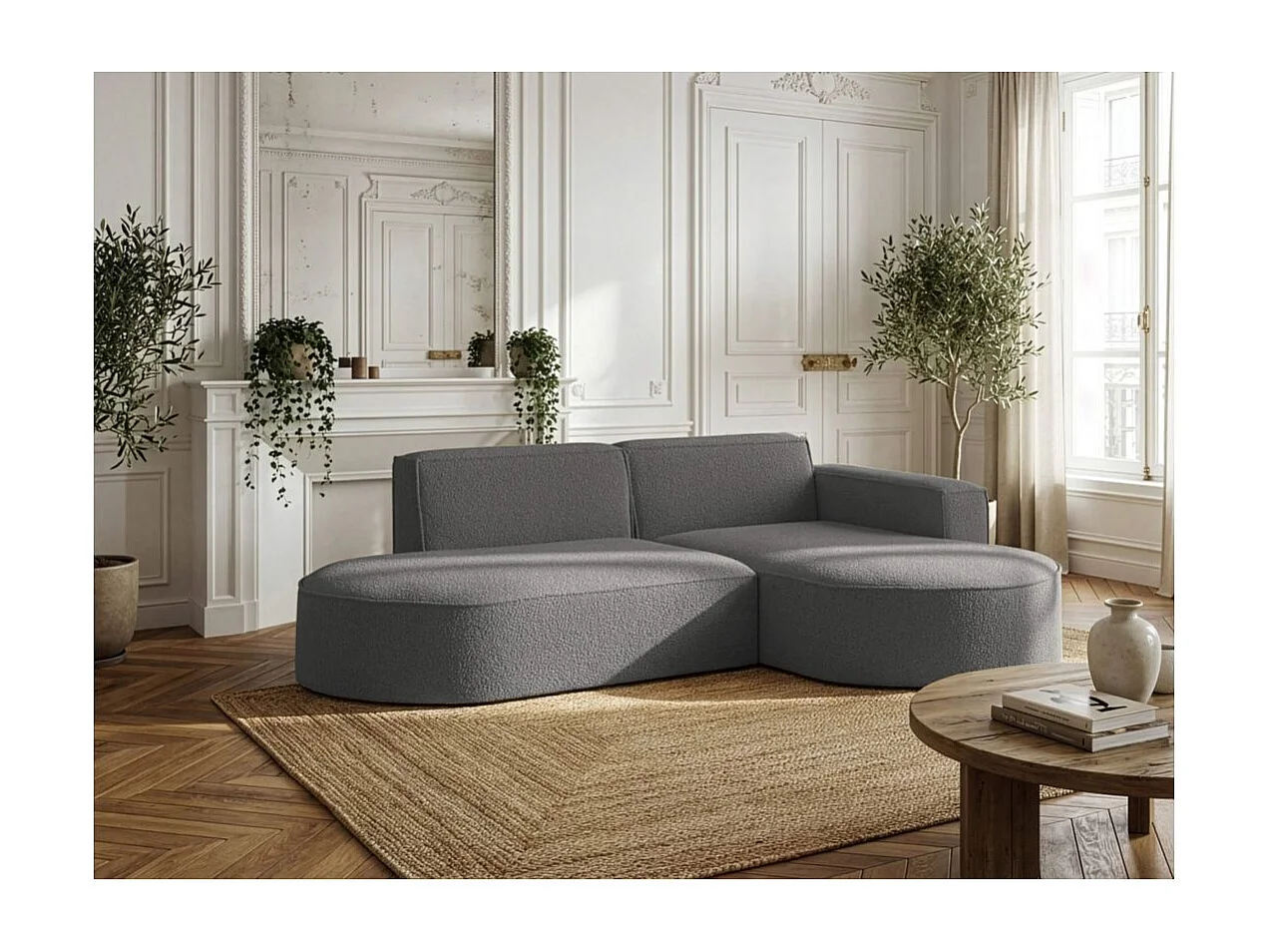 Canapé d'angle droit 4 places MARLA en tissu bouclette - Gris anthracite