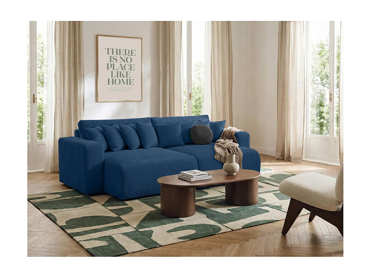 Canapé droit 4 places JADE double méridienne et assise profonde en velours côtelé - Bleu foncé